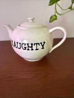 Pottery Barn "Naughty & Nice" white ceramic teapot